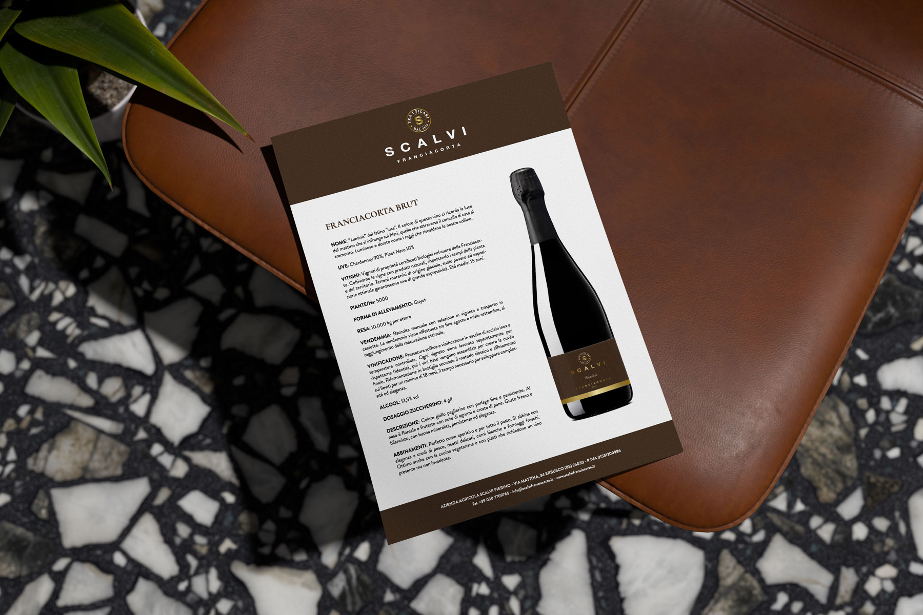 Mockup della scheda tecnica Scalvi Brut su una sedia in pelle marrone